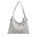 Borsa tote bianca con stampa a farfalla blu, fibbia a fiocco argento e catenella - Blu