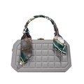 Gray quilted plaid handbag with printed silk scarf handle and gold hardware clasp - Gray