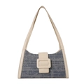 Bolso de hombro en denim tejido azul y gris con ribete de ecocuero beige y hebilla cuadrada - Blanco
