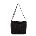 Bolso bandolera de pana negra con estampado de fresas rojas y correa de cuero marrón - Negro