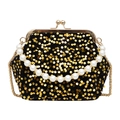Elegant gold sequin evening clutch bag with pearl handle and metal chain strap - Gold