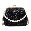 Mini schwarze Pailletten-Abendtasche mit Perlengriff und goldener Kettenriemen - Schwarz