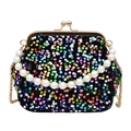Farbenfrohe Pailletten-Clutch mit Perlengriff und goldener Kette für Abendpartys - Bunt