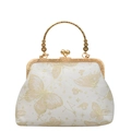 Elegante borsa qipao in raso bianco con motivi a farfalla dorati e manico in metallo decorato - Farfalla dorata