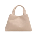 Beige woven leather tote bag with a wide handle and spacious bucket shape design - White