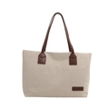 Grande borsa tote in tela bianco avorio con manici in pelle marrone per il pendolare quotidiano - Marrone