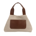 Beige Canvas-Tragetasche mit braunem Lederkontrast und praktischem Frontfach - Kaffeebraun