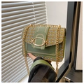 Detail van groene tweed crossbodytas met gouden kettingriem en getextureerde gesp - Groen