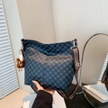 Dark blue monogram tote bag with striped fabric strap and plush doll charm hanging - With Pendant / Black