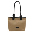 Beigefarbene Stroh-Tote-Bag mit Fischgrätmuster, schwarzen Seilgriffen und Logo-Patch - Schwarz
