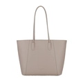 Taupe large capacity leather tote bag with pebble grain texture and long shoulder straps - Khaki