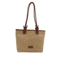 Große beige geflochtene Strandtasche mit braunen Knotengriffen und Fischgrätenmuster - Braun