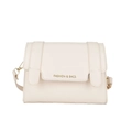 Borsa a tracolla quadrata color crema con scritte dorate FASHION & BAGS e cinturino in pelle - Bianco