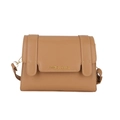Borsa a tracolla classica in pelle color cuoio con scritte dorate e cinturini verticali - Cachi