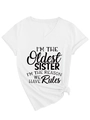 Detail of white V-neck T-shirt featuring oldest sister slogan print and bottom knot design - S / White (Black Font)