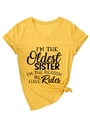 Detail of yellow V-neck t-shirt featuring a funny slogan print and stylish front knot - S / Yellow (Black Font)