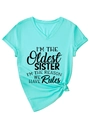 Detail of mint green V-neck t-shirt with I'M THE OLDEST SISTER black print and side knot - S / Mint Green (Black Font)