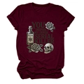 Detail of gothic skeleton and rose print on burgundy cotton crew neck t-shirt - S / Tops / Burgundy
