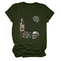 Detail of gothic skull and rose print on a dark green women's cotton t-shirt - S / Tops / Army Green