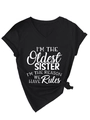 Detail view of V-neck black sister T-shirt with white text and knotted hem styling - Black (White Font)