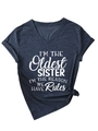 Detail of navy V-neck T-shirt with white I'M THE OLDEST SISTER slogan and front knot - Navy Blue (White Font)