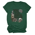 Detailed flat lay of dark green T-shirt featuring retro serial killer graphic print - S / Tops / Vintage Green
