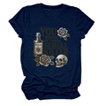 Detailed close-up of retro skull and rose print on a navy blue cotton t-shirt - S / Navy Blue
