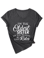 Detail of grey V-neck t-shirt with I'm the Oldest Sister slogan and side knot hem - Heater Grey (White Font)