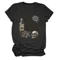Detail of dark gray t-shirt featuring vintage rose skull and poison bottle graphic - S / Black Heather Grey
