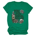 Close-up of emerald green T-shirt featuring skull, roses, and poison bottle graphic print - S / Dark Green
