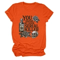 Close-up of orange cotton t-shirt featuring gothic skull, roses, and poison bottle print - S / Orange