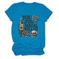 Detail of teal t-shirt featuring vintage poison bottle, skull and rose graphic print - S / Lake Blue
