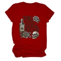 Close-up of red cotton T-shirt featuring a gothic skull, roses and poison bottle graphic - S / Red
