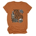 Detail of orange gothic T-shirt featuring skull, roses, and poison bottle graphics - S / Tops / Burnt Orange
