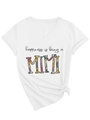 Close-up of white V-neck T-shirt featuring floral Mimi letter print and knotted hem detail - S / White (Black Graphic) (3812)