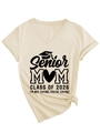 Detail of V-neck cotton T-shirt with Senior Mom Class of 2026 graduation graphic - S / Sand (Black Font)