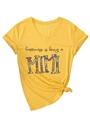 Detail of yellow V-neck T-shirt with 'happiness is being a MIMI' print and front knot hem - S / Yellow (Black Graphic) (3812)
