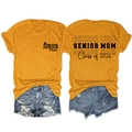 Flat lay of mustard yellow Senior Mom Class of 2026 T-shirt showing front and back design - S / Mustard Yellow (Black Font)