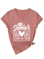 Detail of dusty rose V-neck T-shirt with Senior Mom Class of 2026 print and front knot design - Rose Gold (White Font)