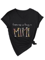 Detail of V-neck black T-shirt featuring floral Mimi text and stylish side knot design - Black (White Graphic) (3812)