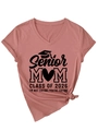 Detail of pink V-neck T-shirt with Senior Mom Class of 2026 graduation print - Rose Gold (Black Font)