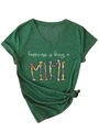 Detail view of V-neck T-shirt with MIMI floral print and stylish side knot design - Vintage Green (White Graphic) (3812)