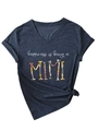 Detail of V-neck dark heather grey T-shirt with MIMI floral print and tied hem - Navy Blue (White Graphic) (3812)