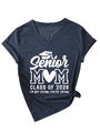 Detail of dark blue V-neck T-shirt featuring Senior MOM 2026 print and stylish side knot - Navy Blue (White Font)