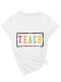 Detailed close-up of 'Teach Them To Be Kind' colorful print and front knot on white V-neck T-shirt - S / White (Black Graphic)