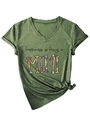 Detail of V-neck olive green T-shirt with rolled sleeves and MIMI floral print - Olive Green (Black Graphic) (3812)