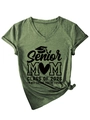 Detail of army green V-neck T-shirt with knot hem and Senior Mom 2026 print - Olive Green (Black Font)