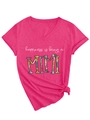 Detail of the rose red V-neck T-shirt showing floral Mimi print and side knot hem - Deep Pink (White Graphic) (3812)