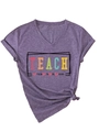 Detail of V-neck heather purple T-shirt with rainbow Teach Them To Be Kind print - Purple (Black Graphic)