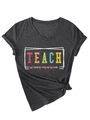 Detail of V-neck grey t-shirt featuring Teach Them To Be Kind print and side knot - Heather Grey (White Graphic)